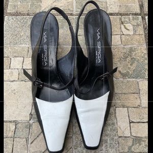 Via Spiga Black and White Leather Slingbacks